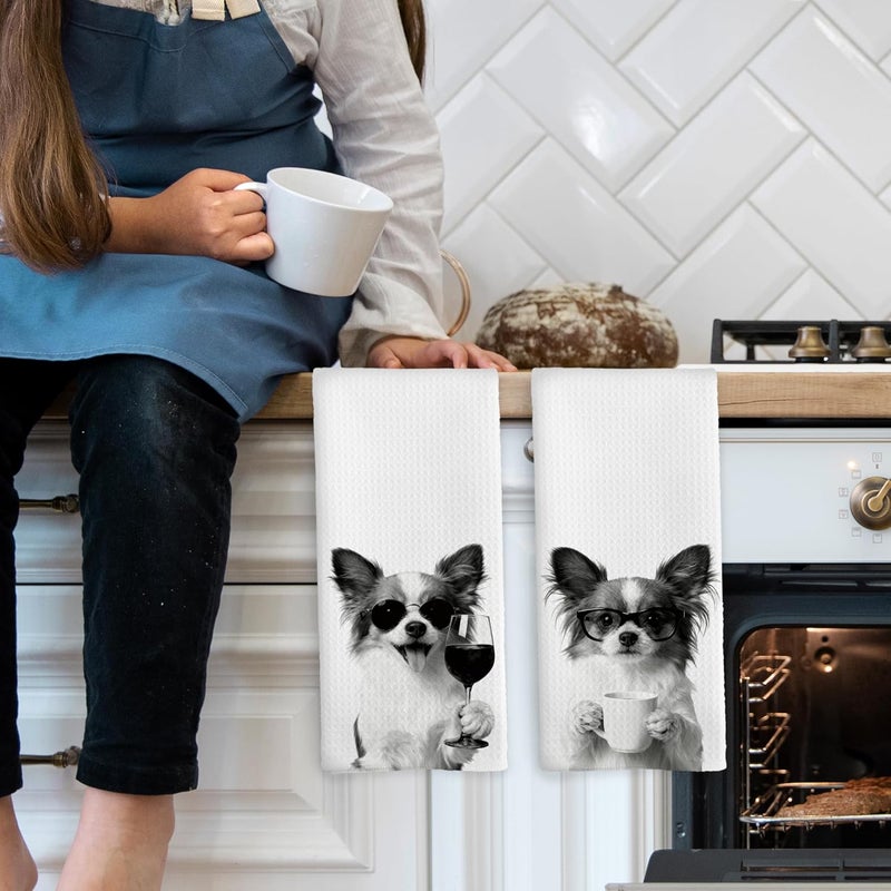 Mcehtle Funny Papillon Kitchen Towels Set of 2, Funny Dog Kitchen Accessories, Coffee Wine Station Decor, Dog Chef Gift Hand Towel, Dining Room Decorative Tea Towel Dish Towels 16x24 Inch - Image 3